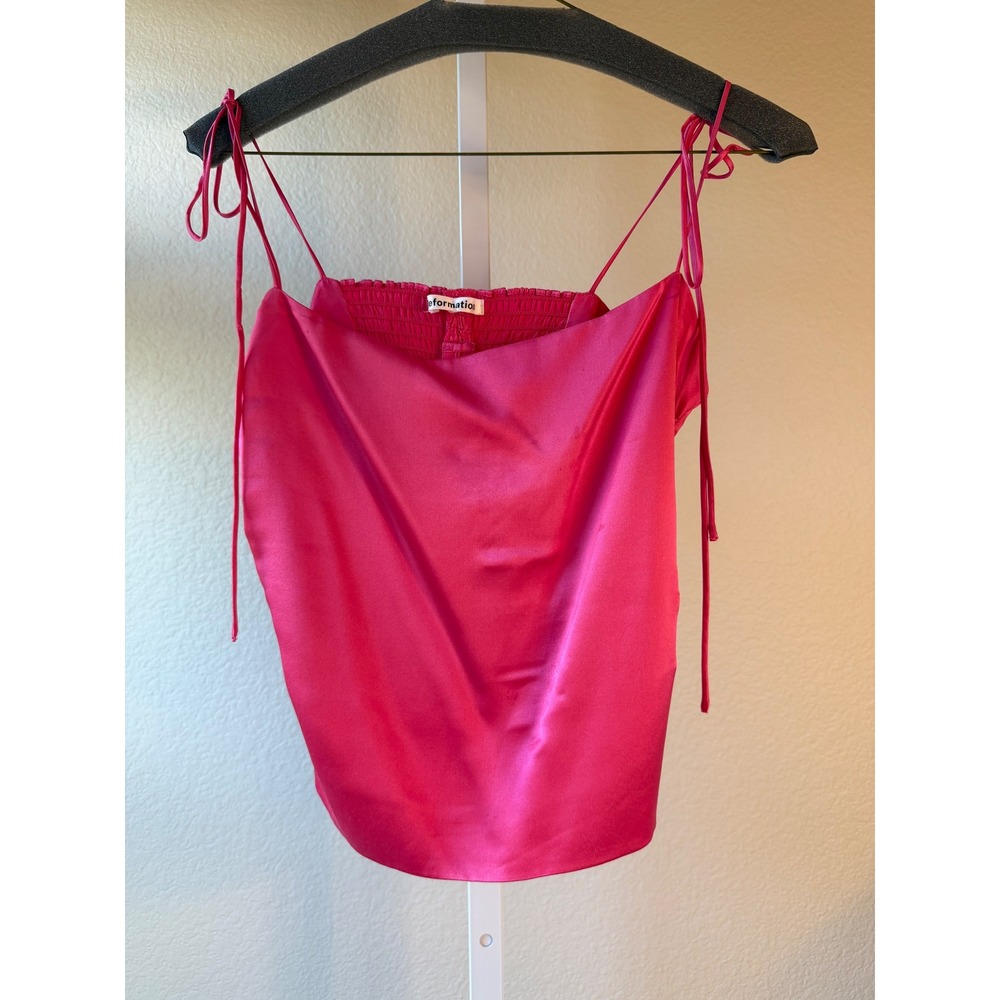 Reformation Hot Pink 100% Silk Cami Top Tie Strap Sleeveless Smocked Summer GUC